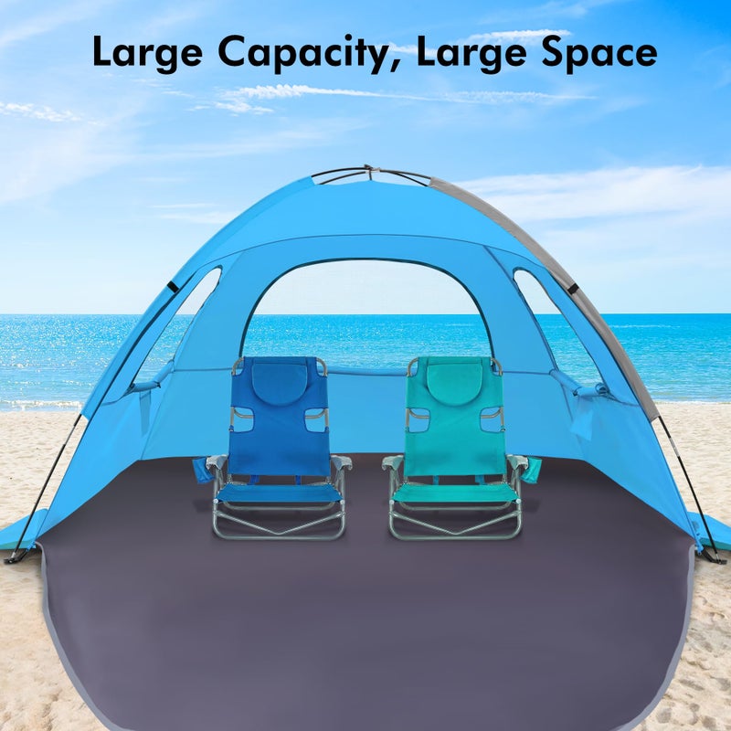 WhiteFang Beach Tent Anti-UV Portable Sun Shade Shelter for 4 Person, Extendable Floor with 3 Ventilating Mesh Windows Plus Carrying Bag, Stakes and Guy Lines (Blue) - Image 4